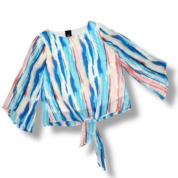 J.T.B. Paint Stroke Print Tie Front Bell Sleeve Blouse White Blue Petite Medium - Picture 13 of 13